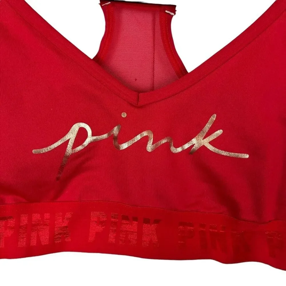 VICTORIA'S SECRET PINK Active Red Gold Spell Out Lightly Lined Bralette Bra XS - Picture 3 of 16